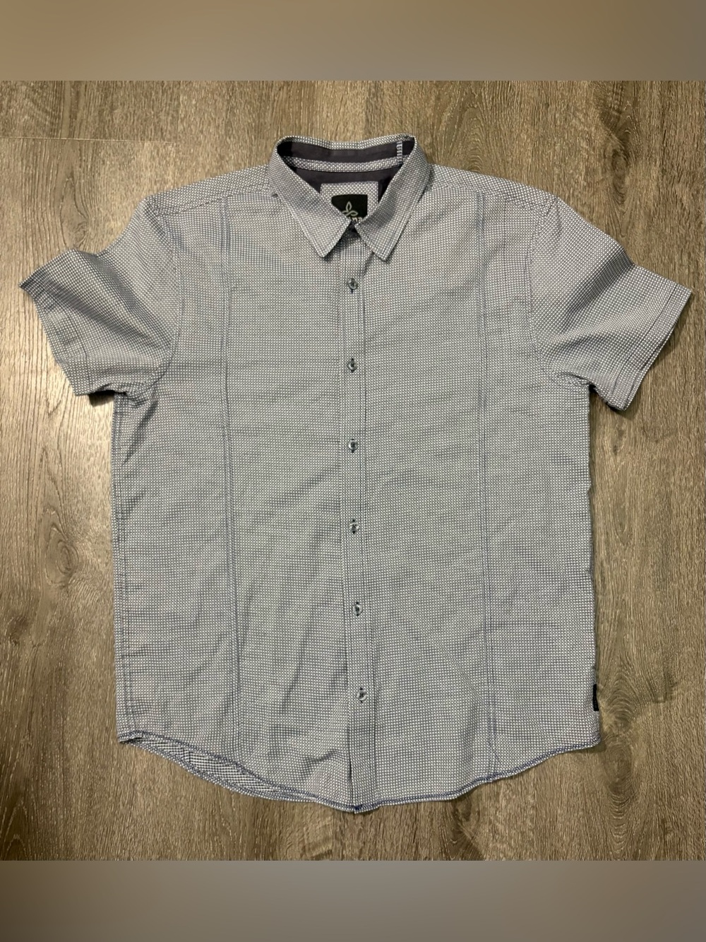 PrAna Shirt Mens Large Short Sleeve Button Up Gray Blue Geometric Outdoor Hiking